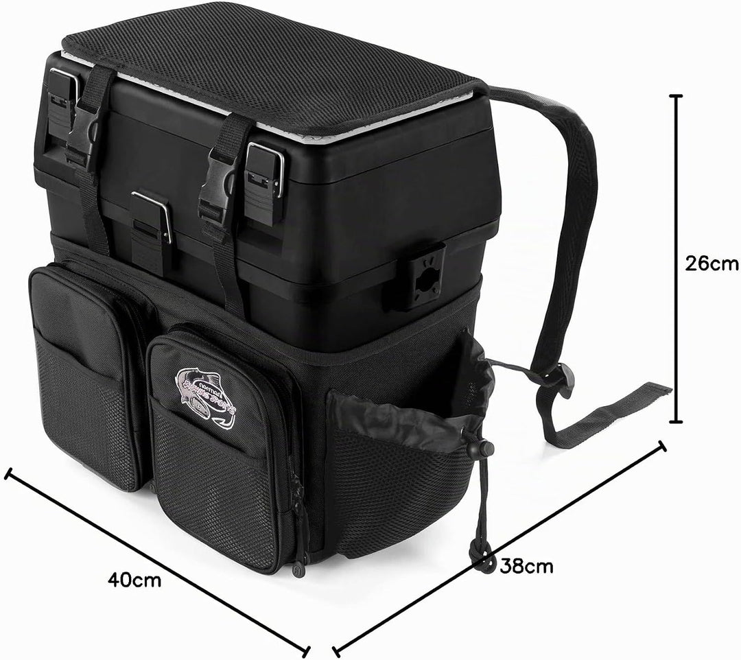 Sitzkiepe Angelrucksack Multi-Angelbox Sitz- und Gerätekasten mit Tragegurtsystem - inklusive 4 Kuns