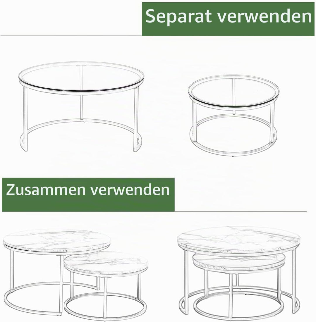 Gold Couchtisch Glas, Couchtisch 2er Set mit 1 Grosser Couchtisch Rund und 1 Kleiner Tisch, Beistell