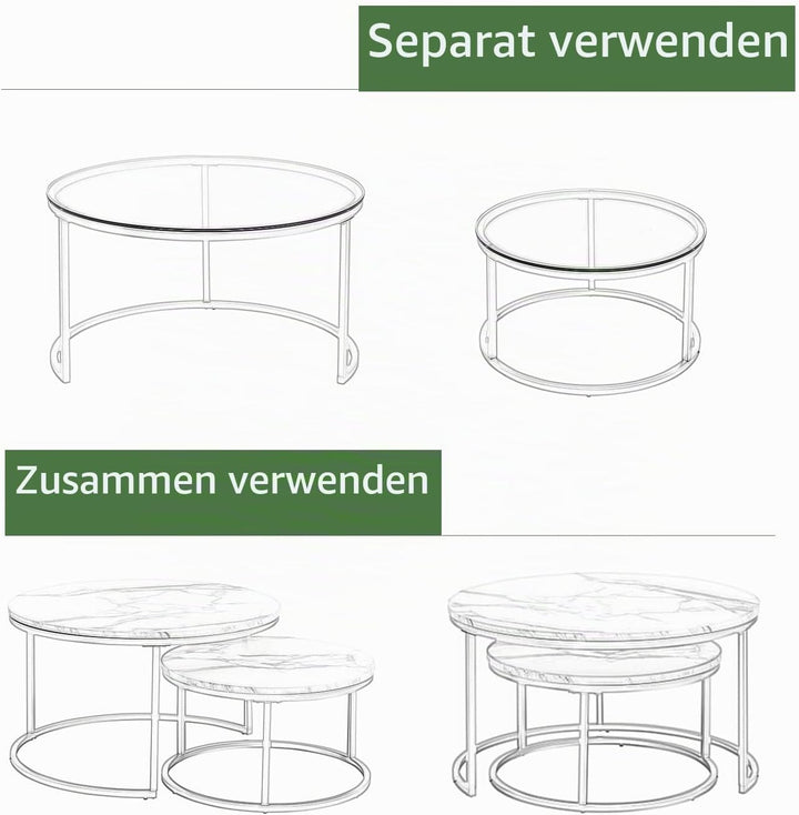 Gold Couchtisch Glas, Couchtisch 2er Set mit 1 Grosser Couchtisch Rund und 1 Kleiner Tisch, Beistell