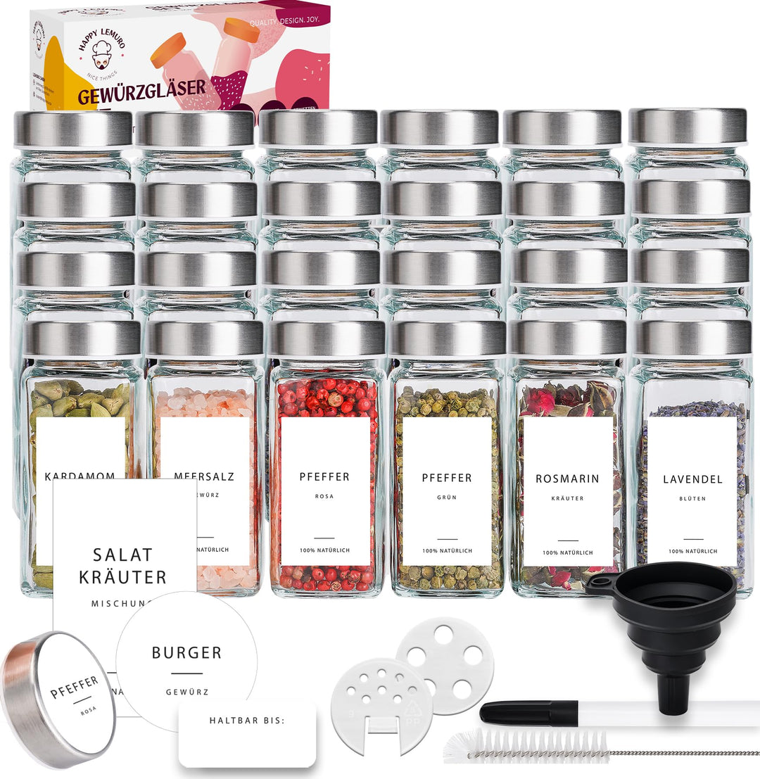 Happy Lemuro 24er Gewürzdosen Set [120ml] 301 Etiketten auf Deutsch | Gewürzgläser mit Streueinsatz,