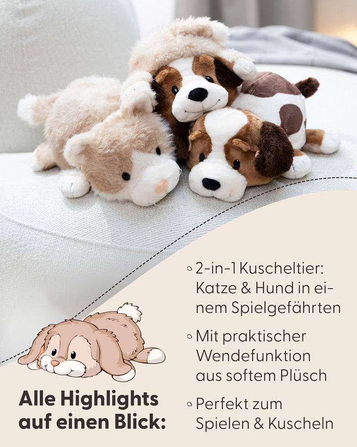 Kuscheltier Katze &amp; Hund 25cm mit Wendefunktion 2in1 - beige - Stofftier aus weichem Plüsch, niedlic