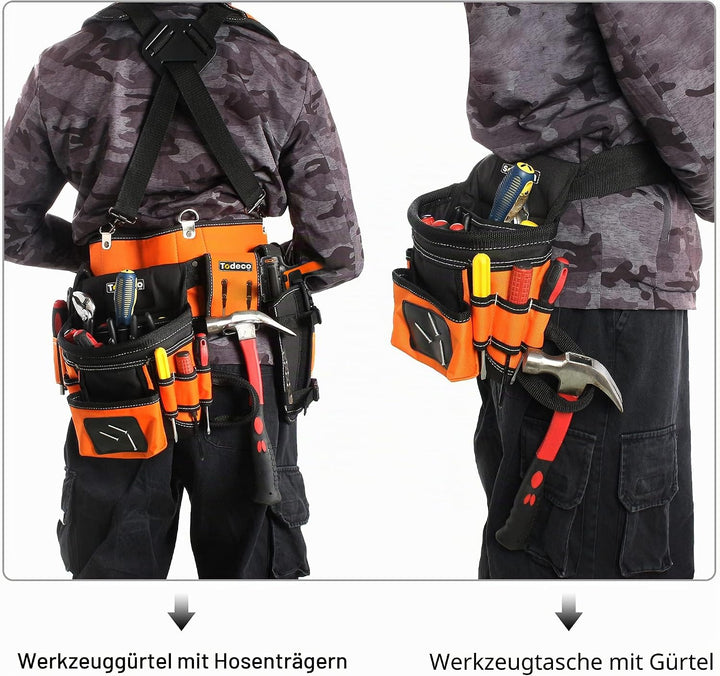 Todeco Werkzeuggürtel Herren, Arbeitsgürtel mit Hosenträgergurt, Werkzeugtasche mit verstellbarem Gü