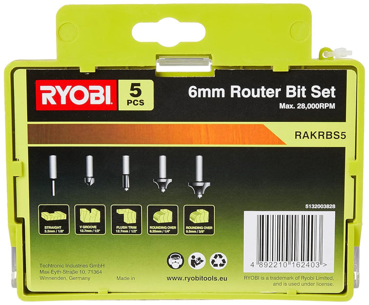 Ryobi 5132003828 Fräsersatz 5-teilig, für Kantenfräse und Oberfräse, Nutfräser, 1x Hohlkehlfräser, 2