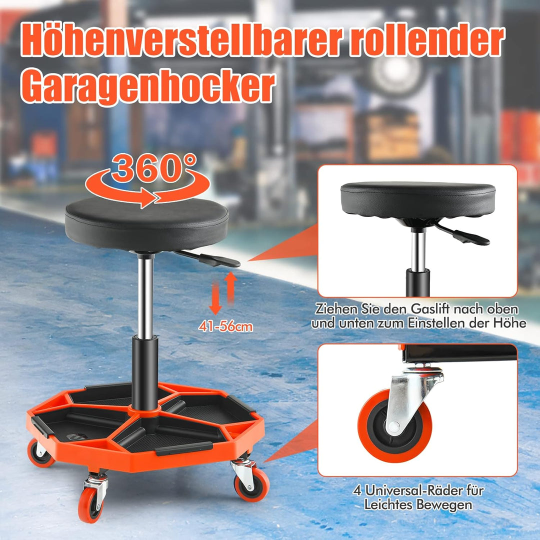 GOPLUS Werkstatthocker 41-56cm höhenverstellbar, Rollhocker mit Werkzeugablage & 4 Universalrädern,