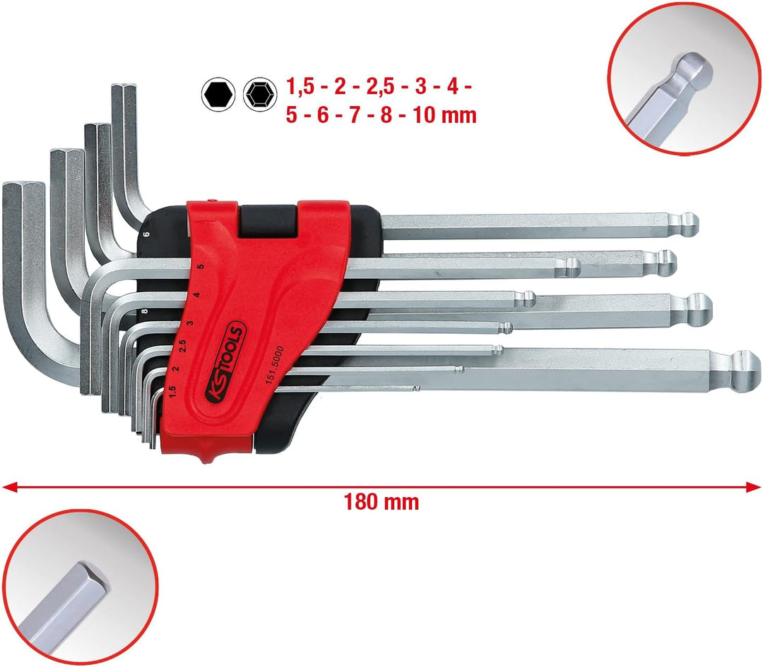 KS Tools 151.5000 Kugelkopf-Innensechskant-Winkelstiftschlüssel-Satz, lang, 10-tlg.