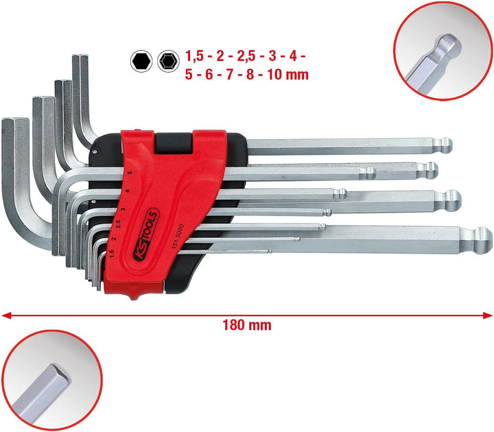 KS Tools 151.5000 Kugelkopf-Innensechskant-Winkelstiftschlüssel-Satz, lang, 10-tlg.
