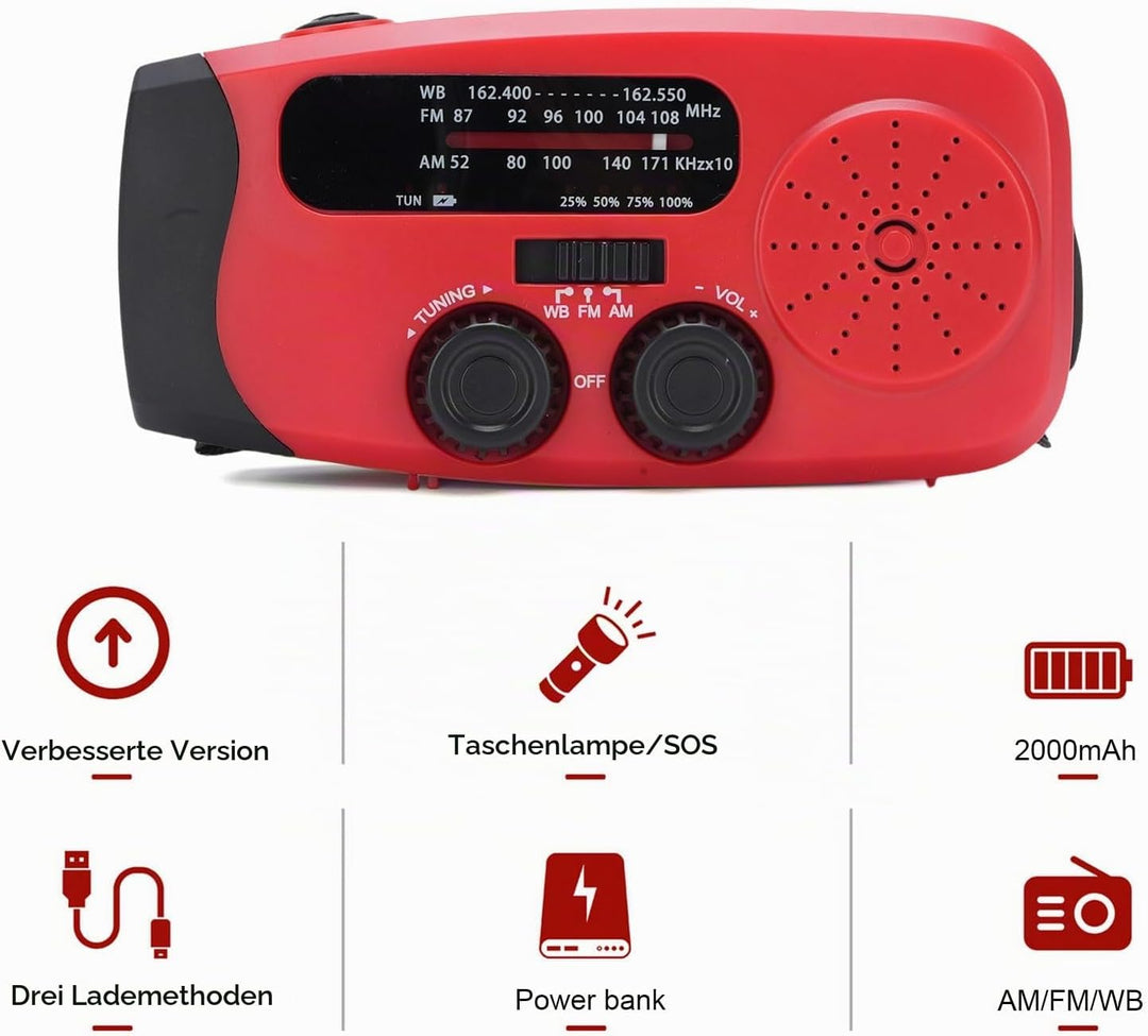 Notfall Kurbelradio mit AM/FM/WB,2000mAh Solar Handkurbel Radio,Tragbares Wetter Überleben mit LED-T