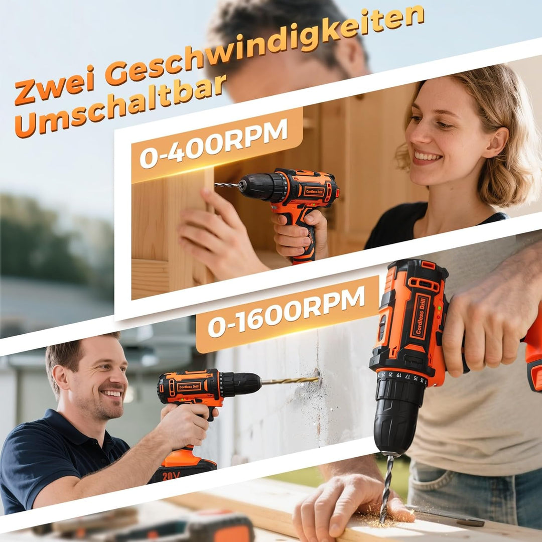 Akkuschrauber, 20V Akku Bohrschrauber Set mit 2 Akkus 2.0Ah, Akkubohrer 42Nm Drehmoment, 25+1 Drehmo
