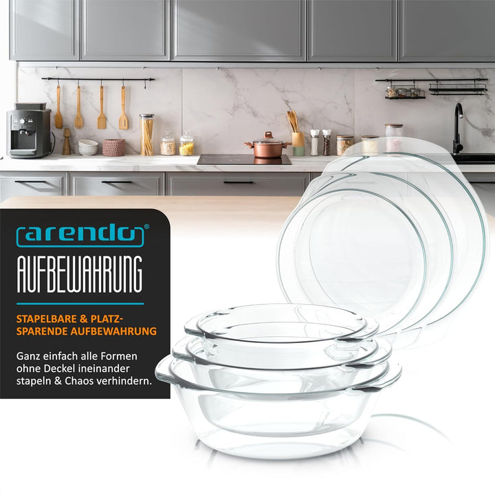 Arendo - Auflaufform mit Deckel und Griffen – 3er Set – Borosilikatglas – 3 Grössen 1000ml 1500ml 20