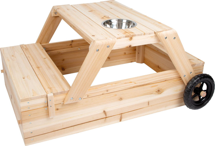 Small Foot Sandkasten mit Sitzgruppe und Matschtisch aus Holz, 3-in-1 Sandkiste zum Zusammenschieben