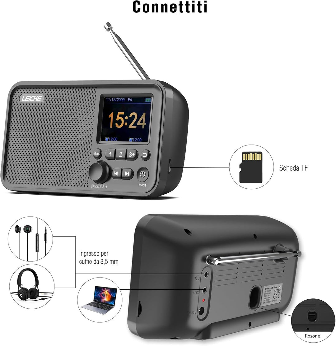 LEICKE tragbares DAB+ Radio mit Bluetooth 5.0 | DAB/DAB+ und UKW Radio, 2,4" Farbdisplay, 80 Voreins