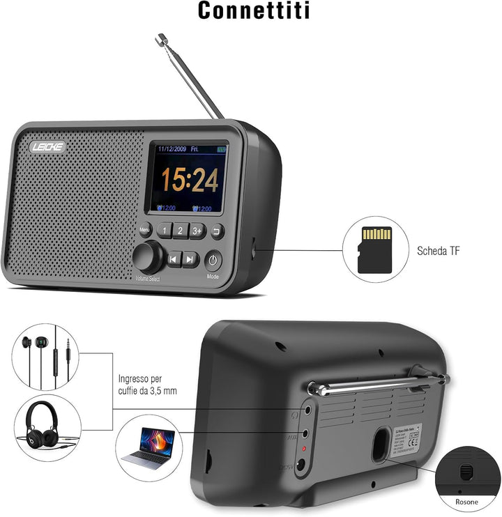 LEICKE tragbares DAB+ Radio mit Bluetooth 5.0 | DAB/DAB+ und UKW Radio, 2,4" Farbdisplay, 80 Voreins
