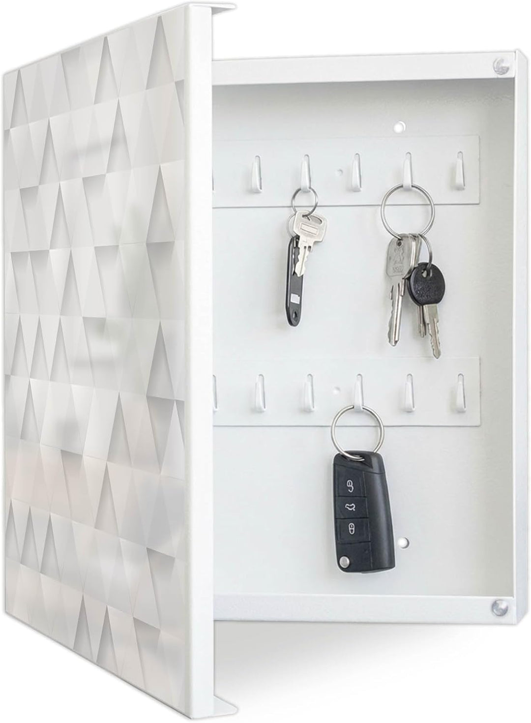 banjado® Grosser Schlüsselkasten Glas/Schlüsselbox 30cm x 30cm mit 50 Haken - Motiv Weisse Dreiecke/