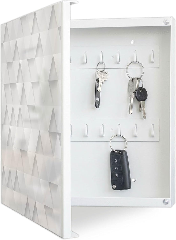 banjado® Grosser Schlüsselkasten Glas/Schlüsselbox 30cm x 30cm mit 50 Haken - Motiv Weisse Dreiecke/