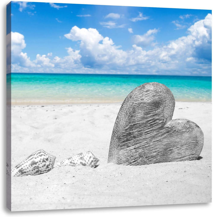 Pixxprint Weisser Sandstrand mit Muscheln Schwarz/Weiss, Format: 70x70 auf Leinwand, 70x70