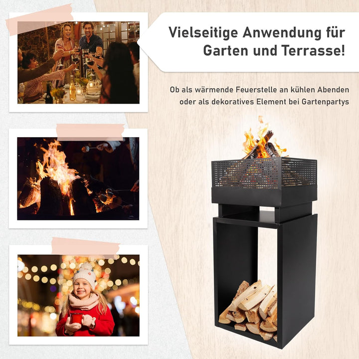 Lemodo Feuerkorb mit Holzlager – Feuerstelle aus robustem Stahl, modernes Design, ideal für Garten u