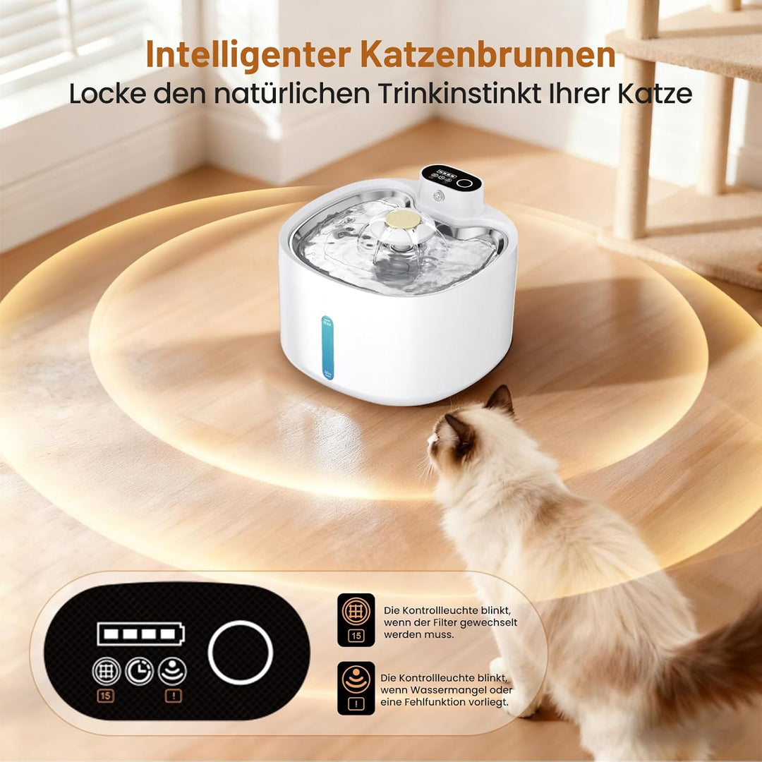 Katzenbrunnen, 2.6L Trinkbrunnen für Katze mit 4 Filter, Leise Katzenbrunnen Kabellos mit Bewegungsm