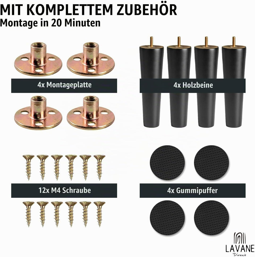 La Vane 4 Stück Möbelfüsse aus Massivholz - 12cm Höhe, Schwarz, Konisch mit M8 Gewindebolzen &amp; Monta