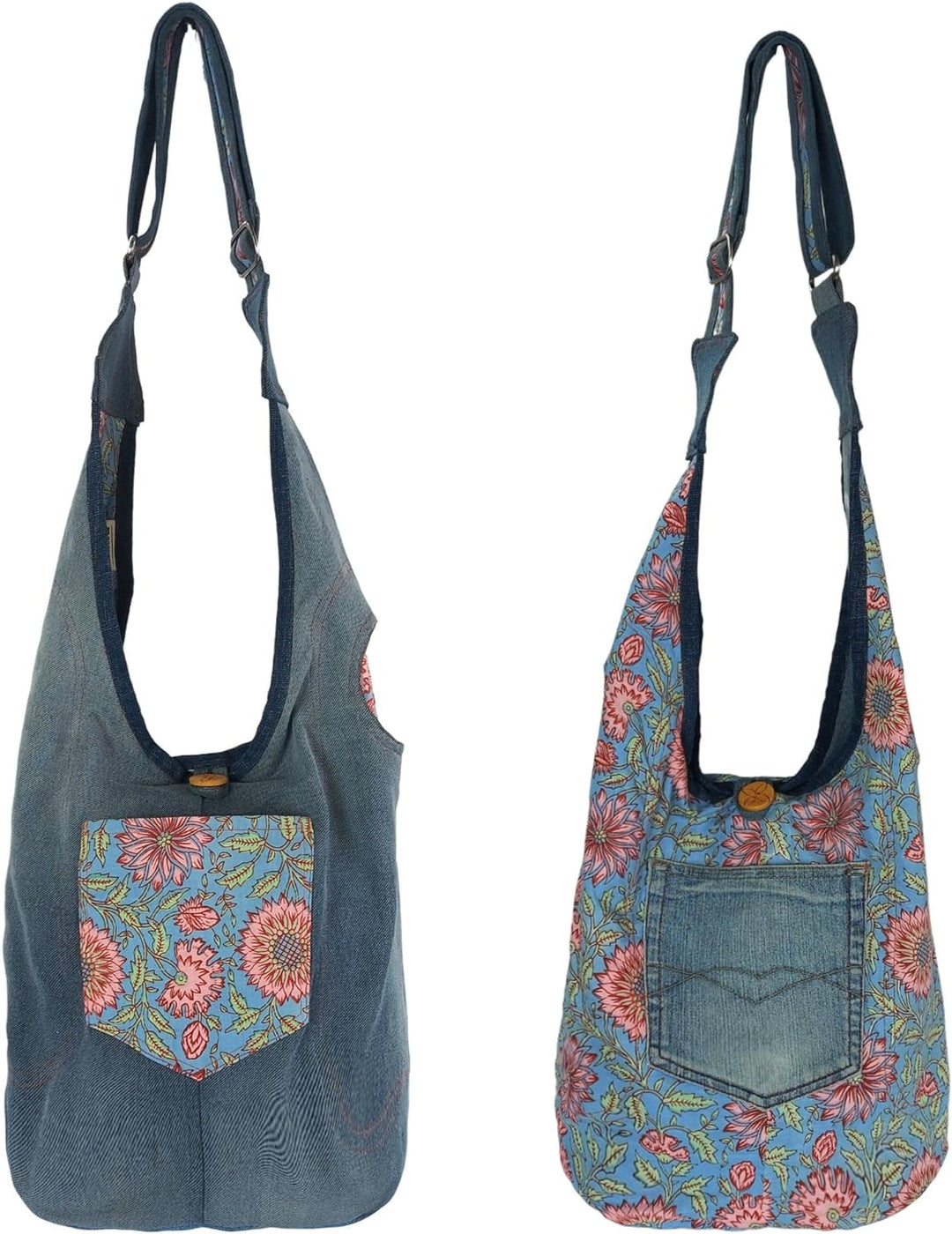 Sunsa Damen nachhaltige Hobo Tasche. Umhängetasche aus recycelte Jeans & Baumwolle. Boho blumig Cros