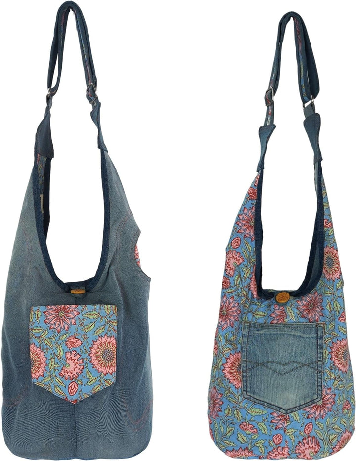 Sunsa Damen nachhaltige Hobo Tasche. Umhängetasche aus recycelte Jeans & Baumwolle. Boho blumig Cros