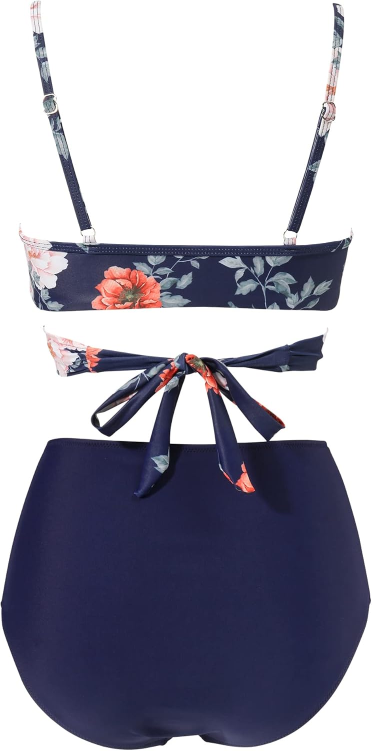 RXRXCOCO Damen Wickel Push Up Bikini Oberteil mit Bauchweg High Waist Bikini Set Bademode S Blume Bl