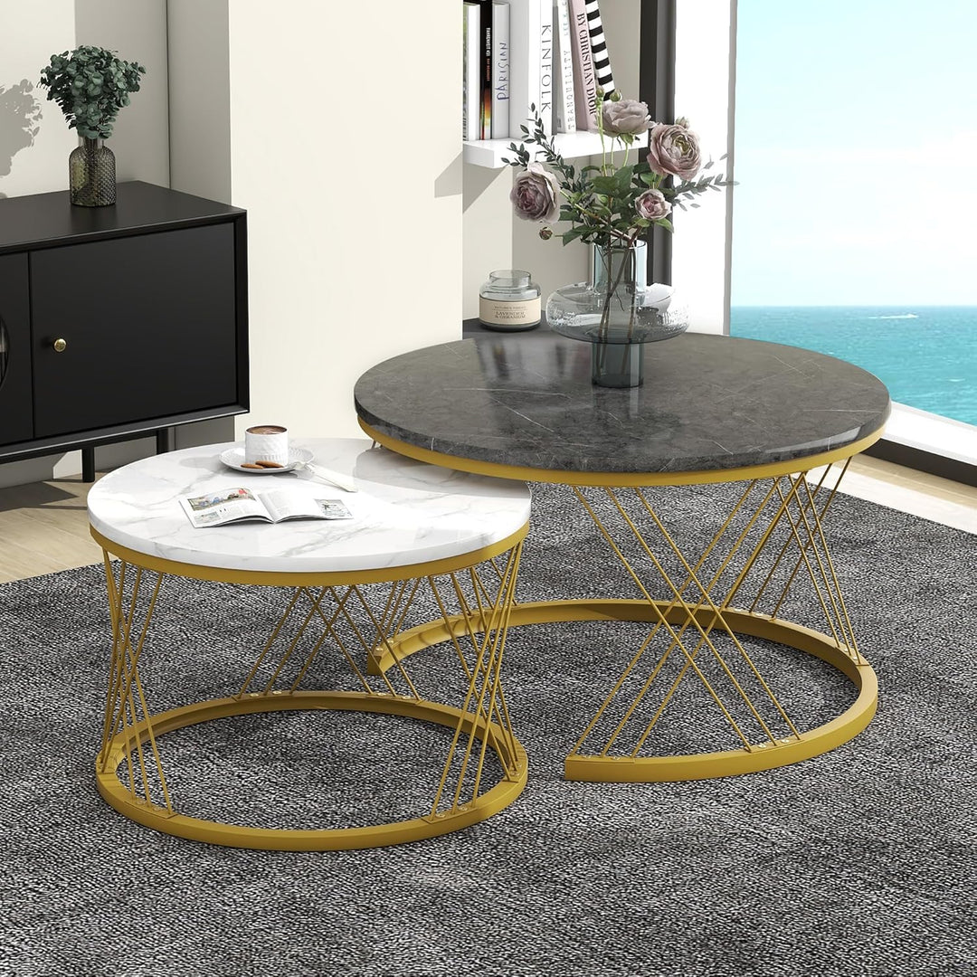 Moderne Rund Couchtisch 2er Set, Beistelltisch-Set, Couchtisch Satz Marmor Furnier Sofa Seite Nest v