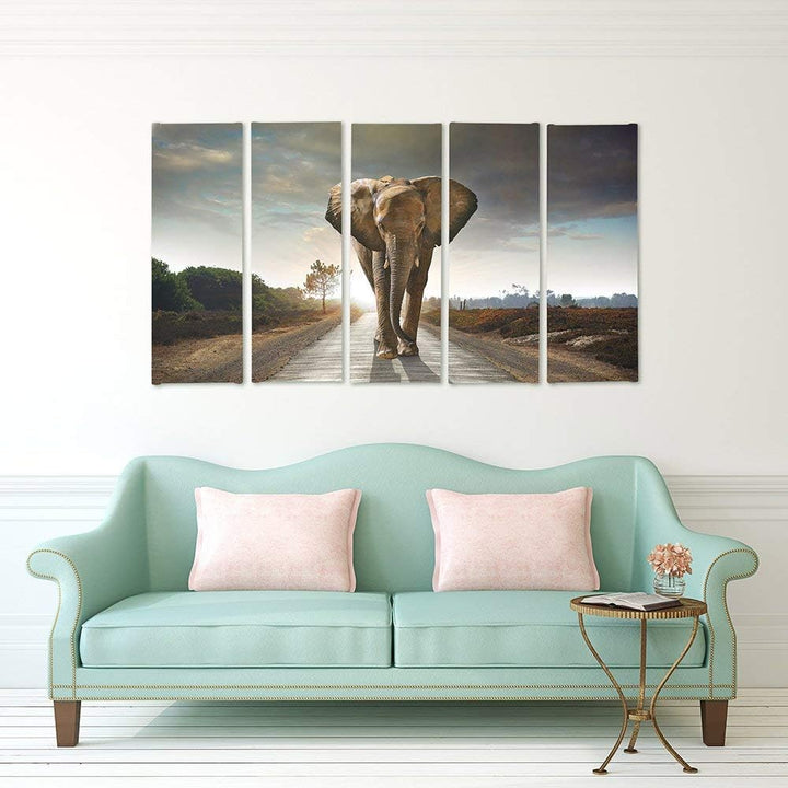 Feeby Frames, Leinwandbild Bilder Wand Bild - 5 Teile - Wandbilder Kunstdruck (Elefant, BRAUN) 200x1