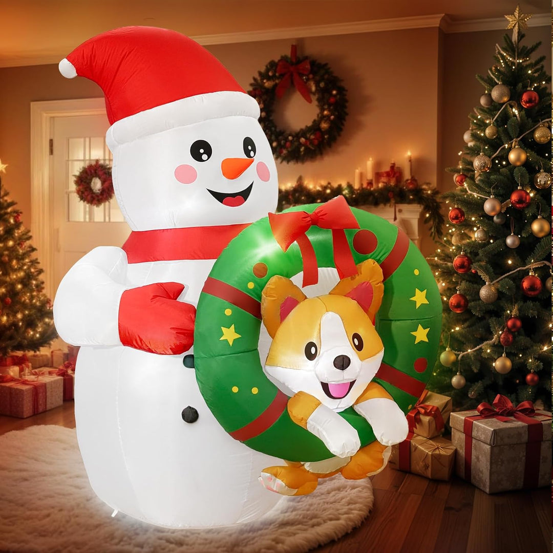 1.8 M Aufblasbare Weihnachtsdeko Aussen, Lustiger Schneemann Aufblasbar mit Corgi im Kranz, Outdoor
