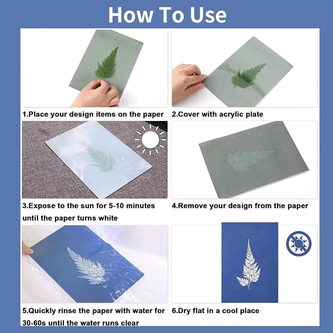 runrayay 60 Blatt Cyanotypie-Papier Sonnen-Druck-Papier-Kit, A5 hochempfindliches Sonnen-Papier, wei