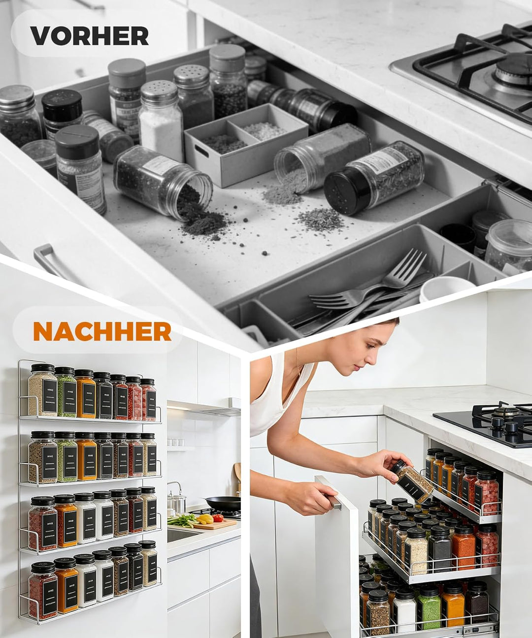 Gewürzgläser Set Eckig 24x120ml – Luftdichte Gewürzdosen Glas mit Streuaufsätzen & Etiketten – Schwa