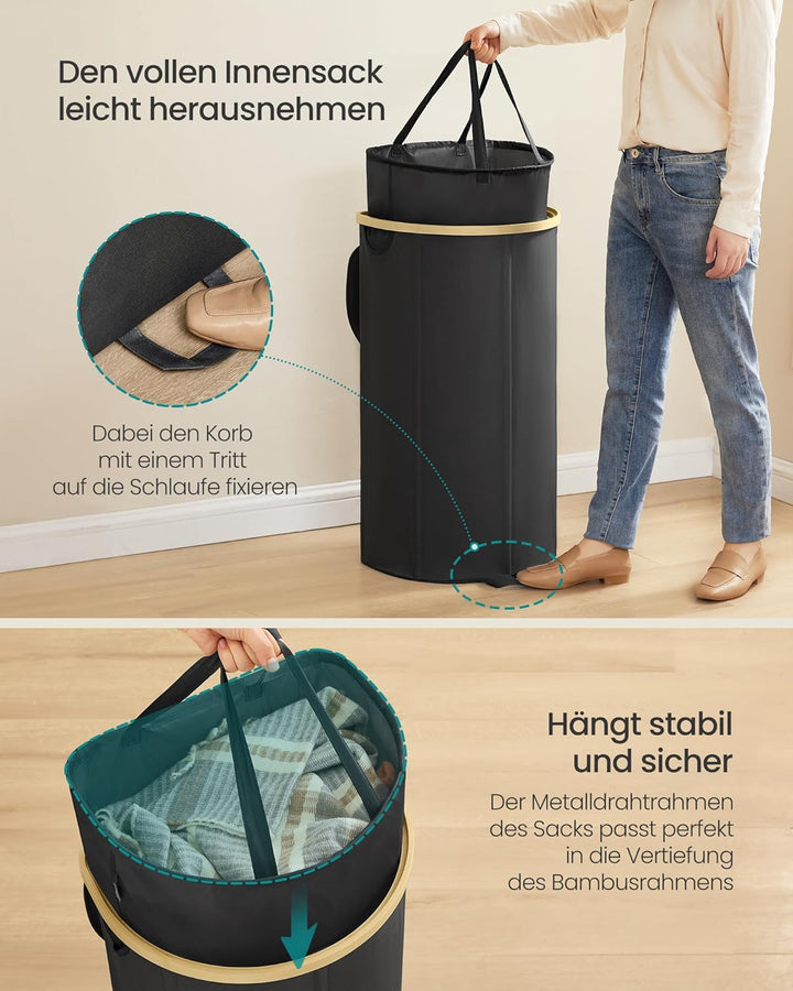 SONGMICS Wäschekorb, Wäschesammler, 90 Liter, Wäschetonne mit Deckel, Wäschesack herausnehmbar, für