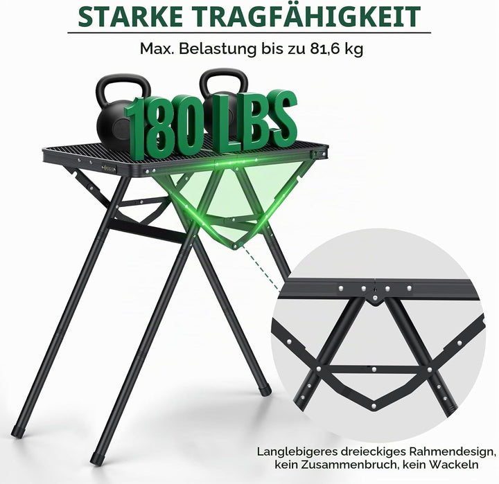 JiGiU Grilltisch 60x40cm Metallgitterplatte mit 3 Höhen &amp; Aluminium Rahmen | Klapptisch Schwarz mit