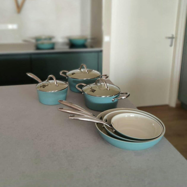 Cook & Pan - Go Blue Topfset und Pfannenset 9-teilig-Induktionsgeeignet-PFAS frei Keramik-Beschichtu