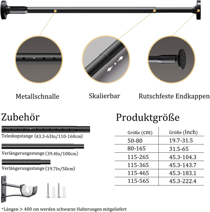 Gardinenstange Multifunktionale Teleskopstange ohne Bohren 80-165cm Matt Schwarz Ausziehbare Klemmba