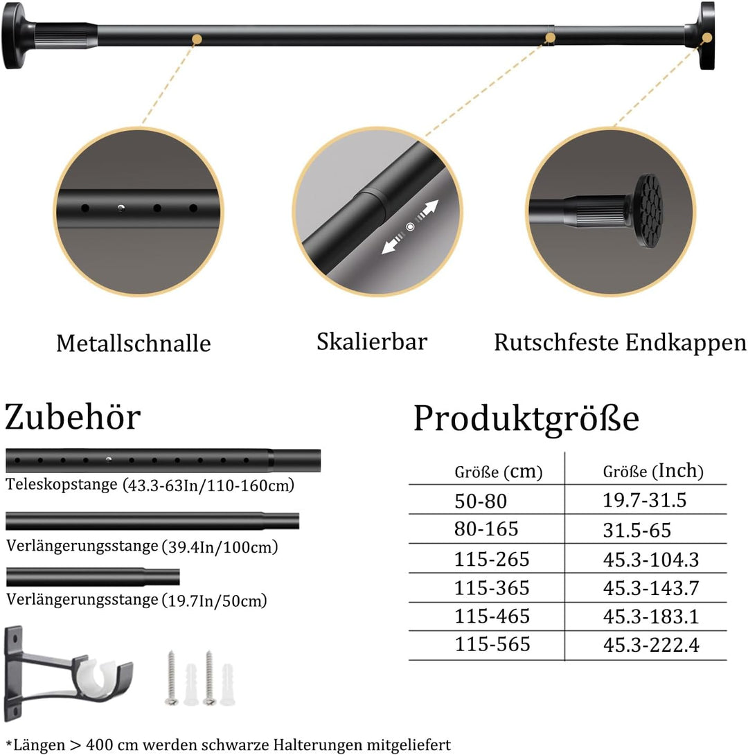 GOLDION Gardinenstange Multifunktionale Teleskopstange ohne Bohren 115-265cm Matt Schwarz Ausziehbar