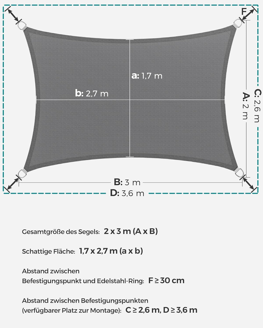 SONGMICS Sonnensegel 2 x 3 m, Sonnenschutz aus HDPE-Gewebe, luftdurchlässig, wasserdurchlässig, für