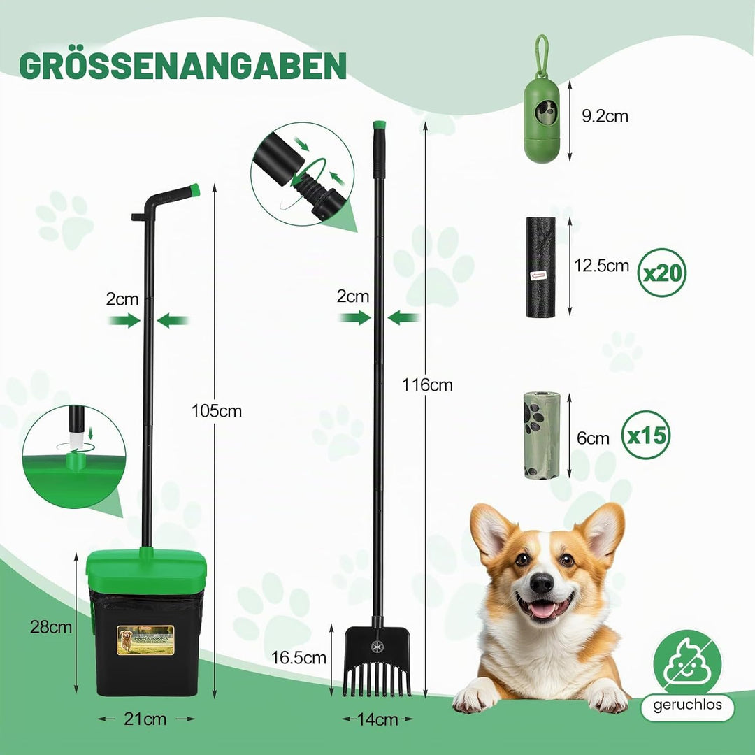 Hundekotschaufel Schwenkbehälter Rechen Spaten, Drehbarem Hundekotsammler Hundekotpicker, Kotschaufe