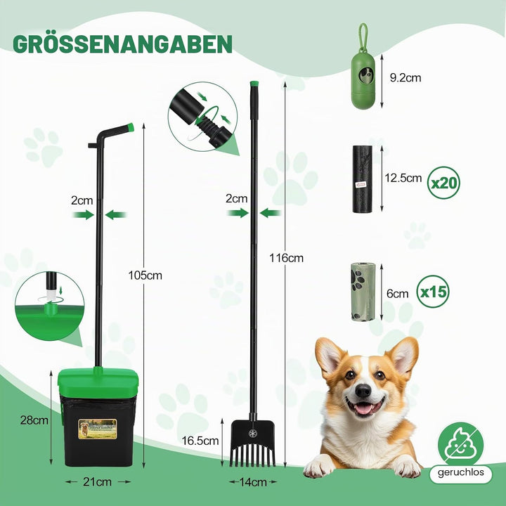 Hundekotschaufel Schwenkbehälter Rechen Spaten, Drehbarem Hundekotsammler Hundekotpicker, Kotschaufe