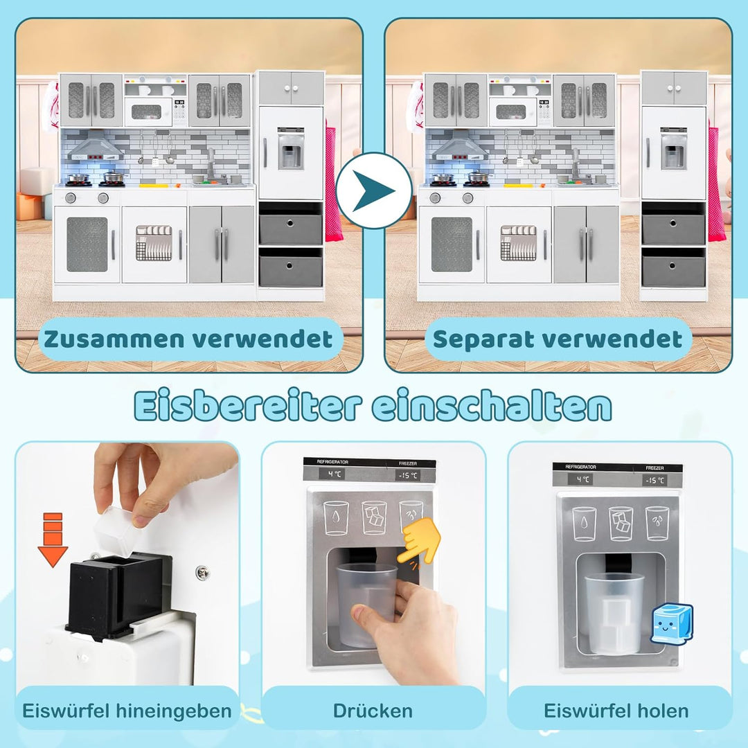 COSTWAY Kinderküche inkl. 22 Zubehörteilen, modulare Spielküche mit Kühlschrank & 2 Stoffkörben, Hol