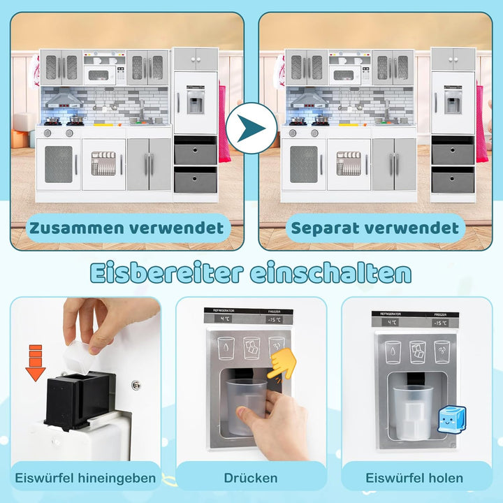 COSTWAY Kinderküche inkl. 22 Zubehörteilen, modulare Spielküche mit Kühlschrank & 2 Stoffkörben, Hol