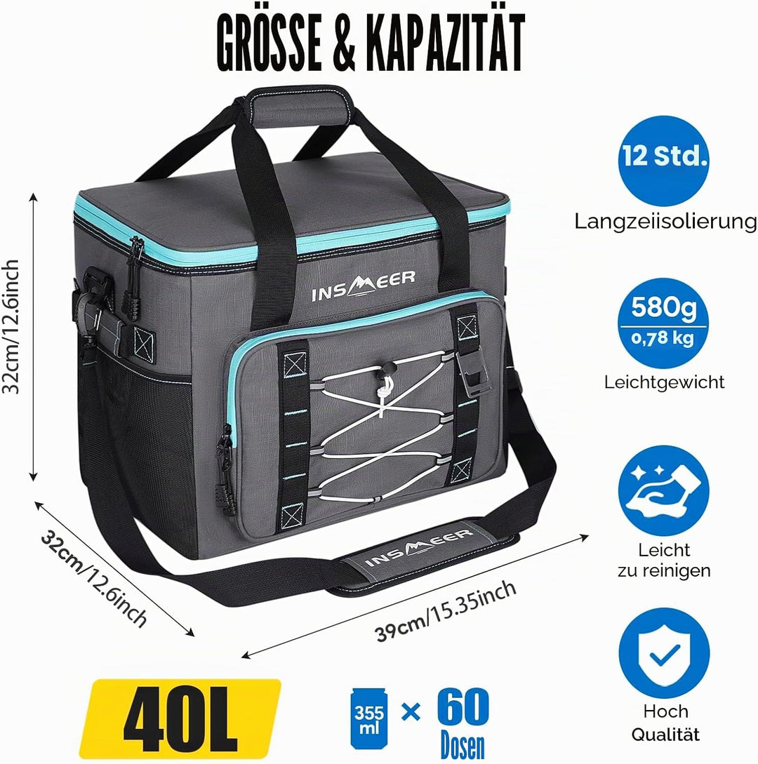INSMEER Kühltasche 40L/60 Dosen Kühltaschen Grosse, Weiche Kühltasche Faltbar/Auslaufsicher, mit Fla