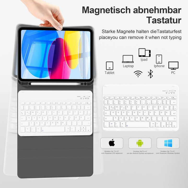 Hülle mit Tastatur für iPad A16 11. Generation 2025, für iPad 10. Generation 2022 10,9 Zoll, Bluetoo