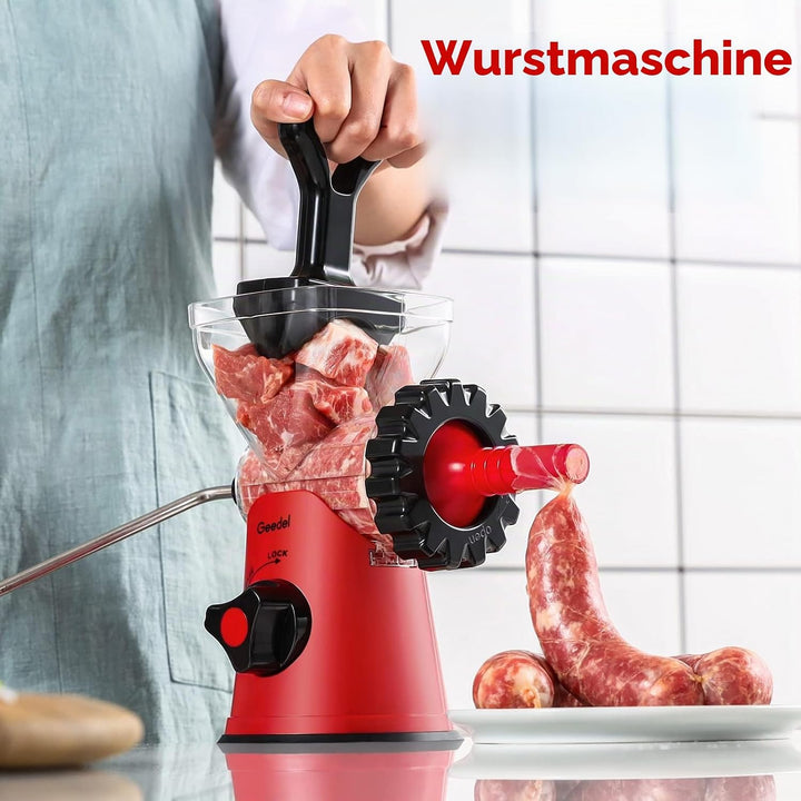 Geedel Fleischwolf Manuell, 4 in 1 Hackfleisch Zerkleinerer Edelstahl mit Wurstfüller Spritzgebäckvo