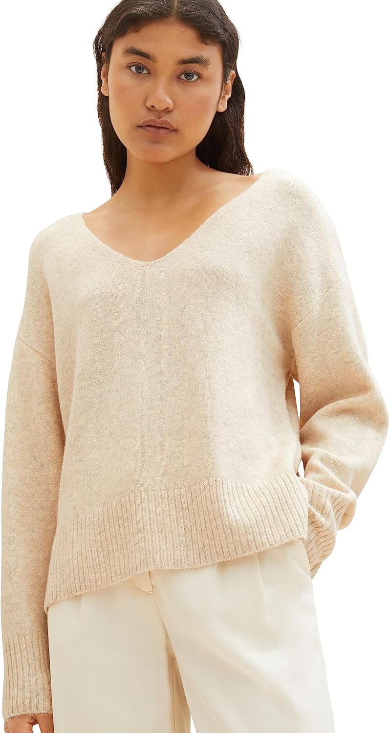 TOM TAILOR Denim Damen Basic Pullover mit V-Ausschnitt S 33803 - Dusty Sand Beige Melange, S 33803 -