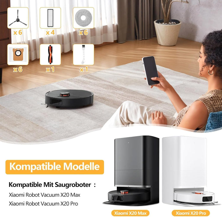 24 Stück Zubehör für Xiaomi X20 Max / X20 Pro Saugroboter, 6 Staubbeutel 6 Wischpad 1 Hauptbürste 6
