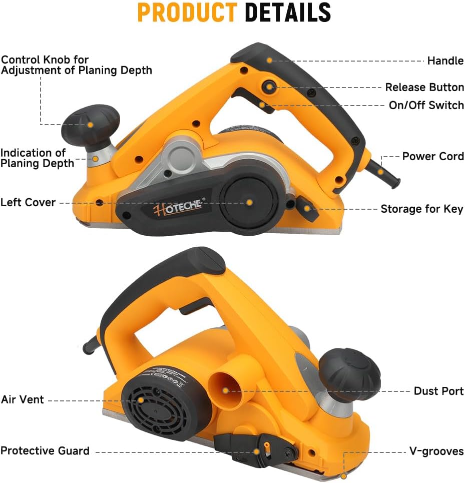 Hoteche 900W Elektrohobel 82 * 3mm - 16000rpm, 65mn Klingen, VDE Stecker, Aluminiumplatte, inklusive