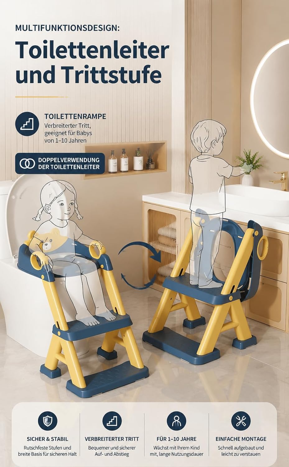 Toilettentrainer für Kinder für Jungen und Mädchen, 2 in 1 Kind Toilettensitz mit Treppe, Spritz und