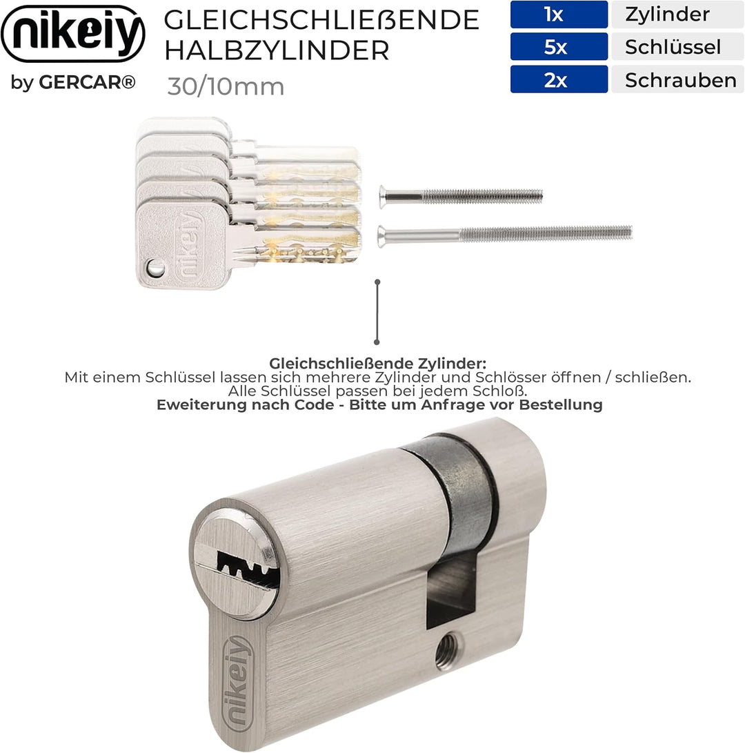 GERCAR Pro Gleichschliessend 1x Halbzylinder 30/10 Set 1x Garagentor Profil-Halbzylinder inkl. 5 Sch
