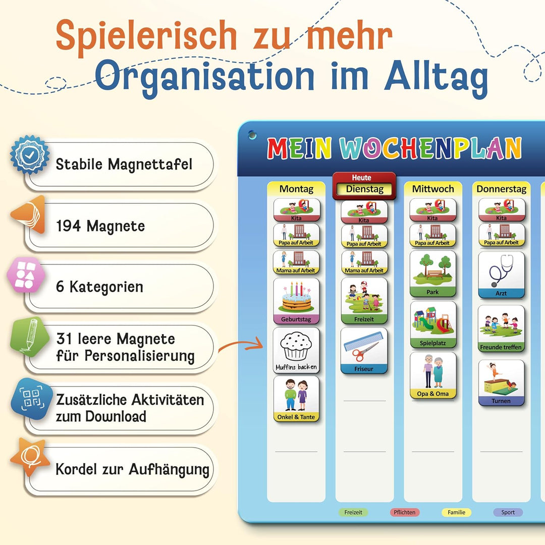 LIKARTO Wochenplaner für Kinder - Montessori Magnettafel inkl. 198 Magnete & Kordel - Komplett besch