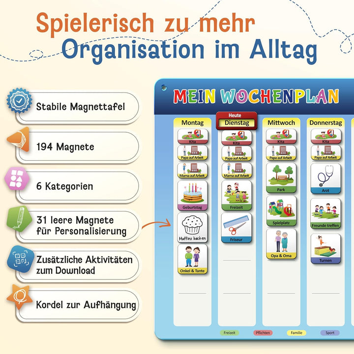 LIKARTO Wochenplaner für Kinder - Montessori Magnettafel inkl. 198 Magnete & Kordel - Komplett besch
